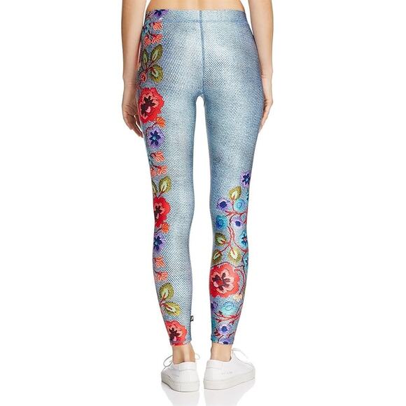 TEREZ Floral Embroidery Denim Print Leggings Womens XS Pull On Low Rise Ankle - Picture 2 of 14